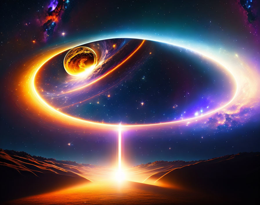 Vibrant cosmic landscape with luminous ring around planet in starry space.