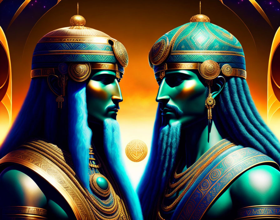 Stylized man and woman in Egyptian headdresses with gold and turquoise on orange backdrop