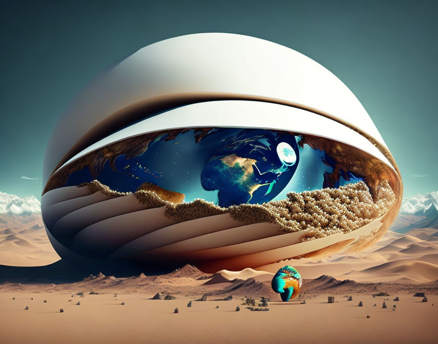 Surreal image: Futuristic structure above desert with earth's landscapes.