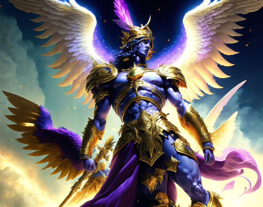 Armored angelic figure with large wings and golden armor against dramatic sky