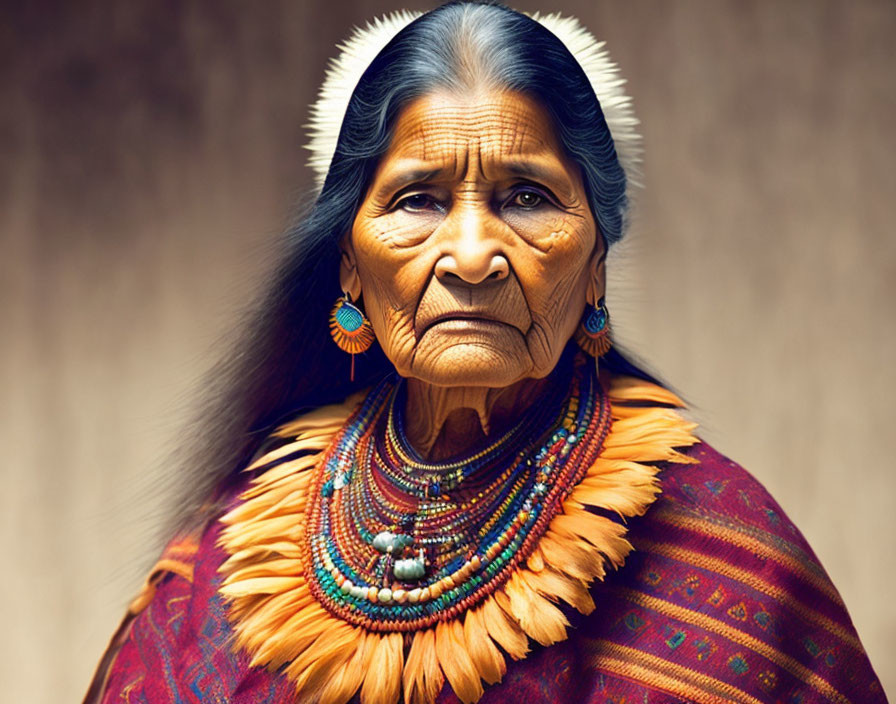 Elderly woman in Native American attire with stern expression