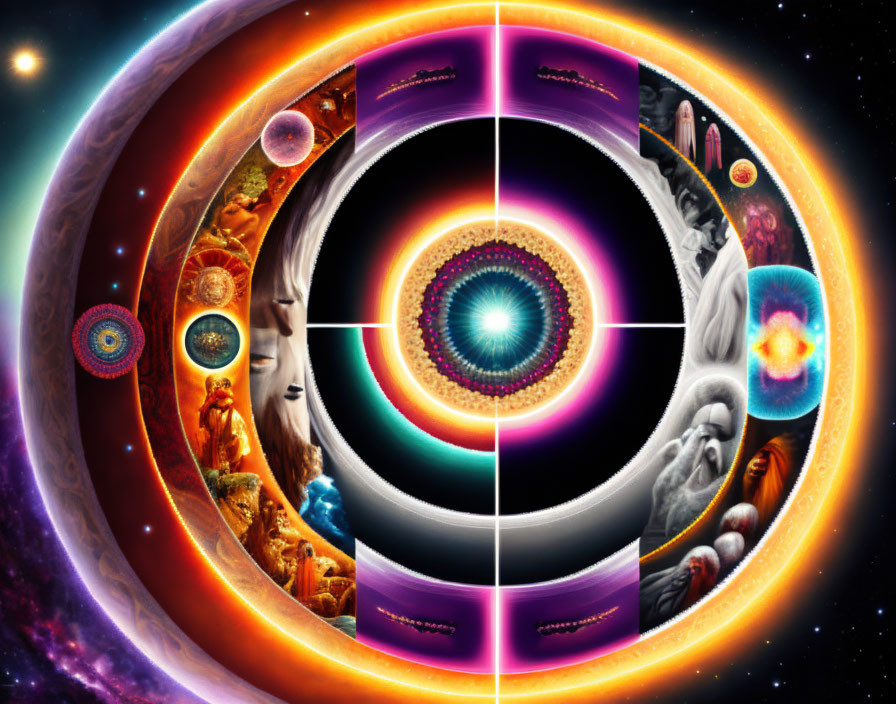 Colorful digital artwork with cosmic portal and mystical symbols