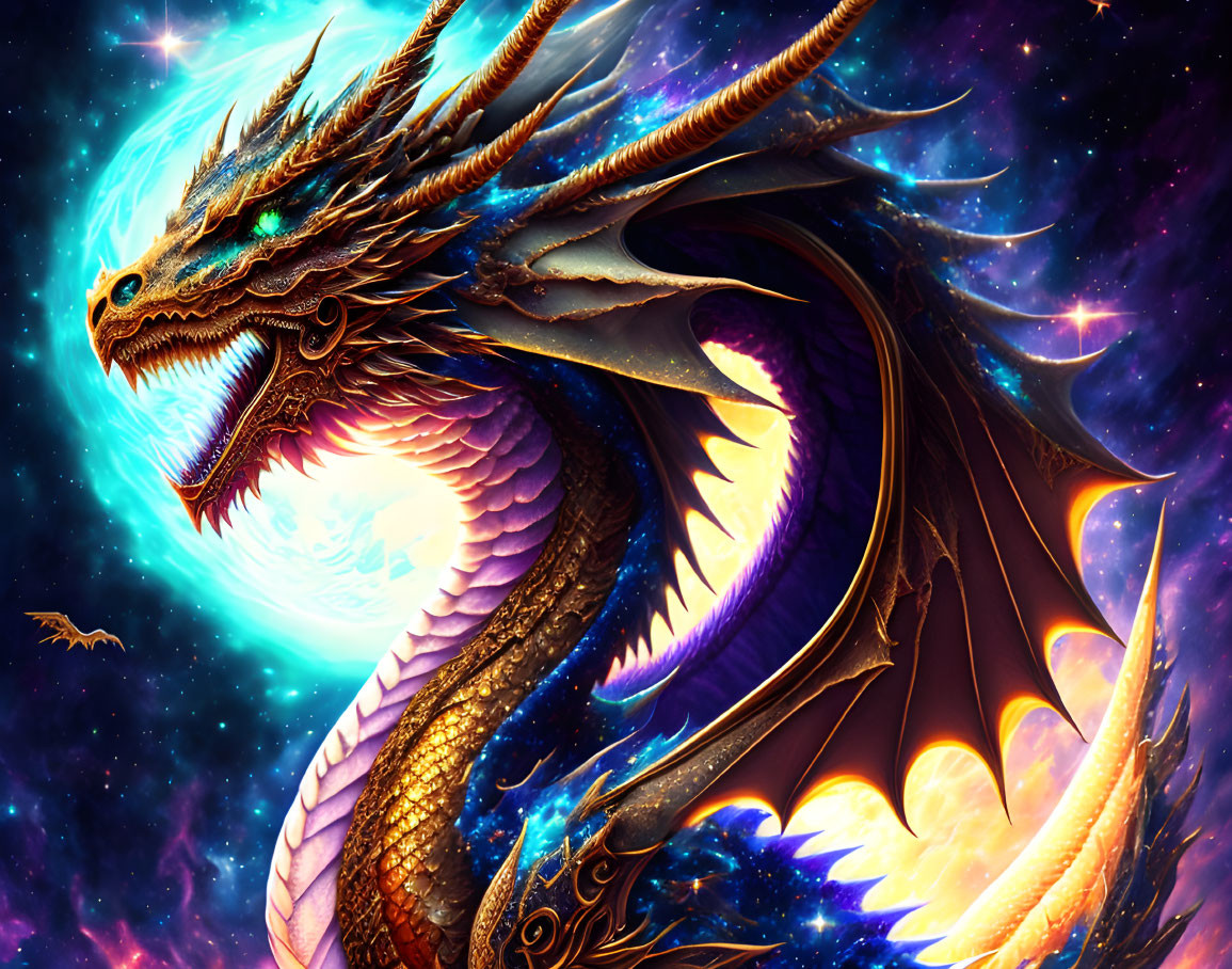 Majestic cosmic dragon with glowing scales in star-filled galaxy