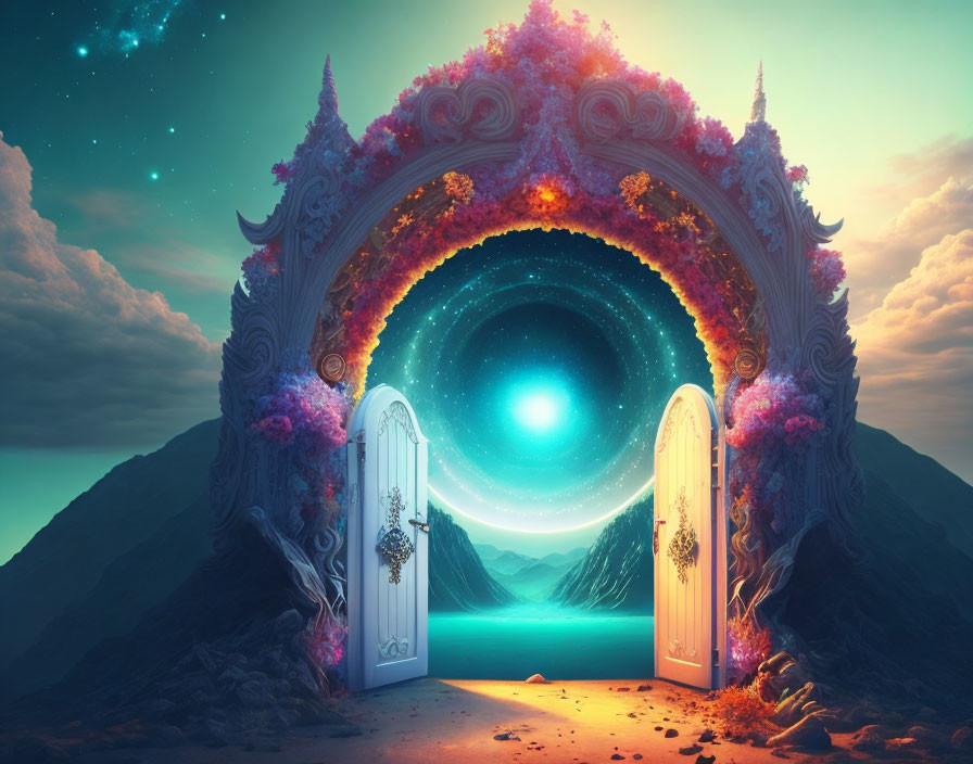 Ornate gateway with flowers to mystical neon landscape