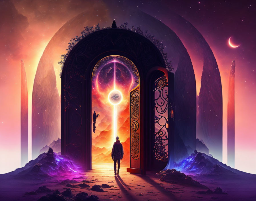 Ornate doorway reveals cosmic scene with nebulae and planets