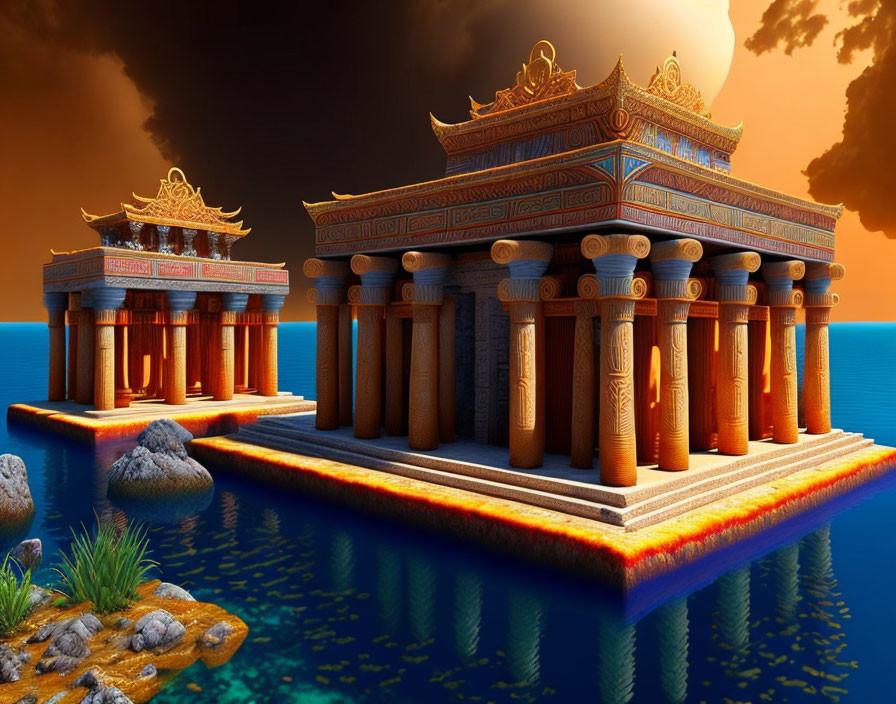 Ancient-style temple complex on floating island at sunset