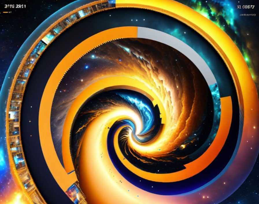 Surreal digital artwork of swirling vortex in blue, orange, and brown tones