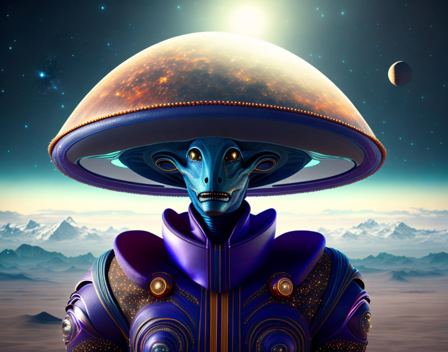 Blue-skinned alien in ornate suit under starry sky with hovering UFO and mountains.