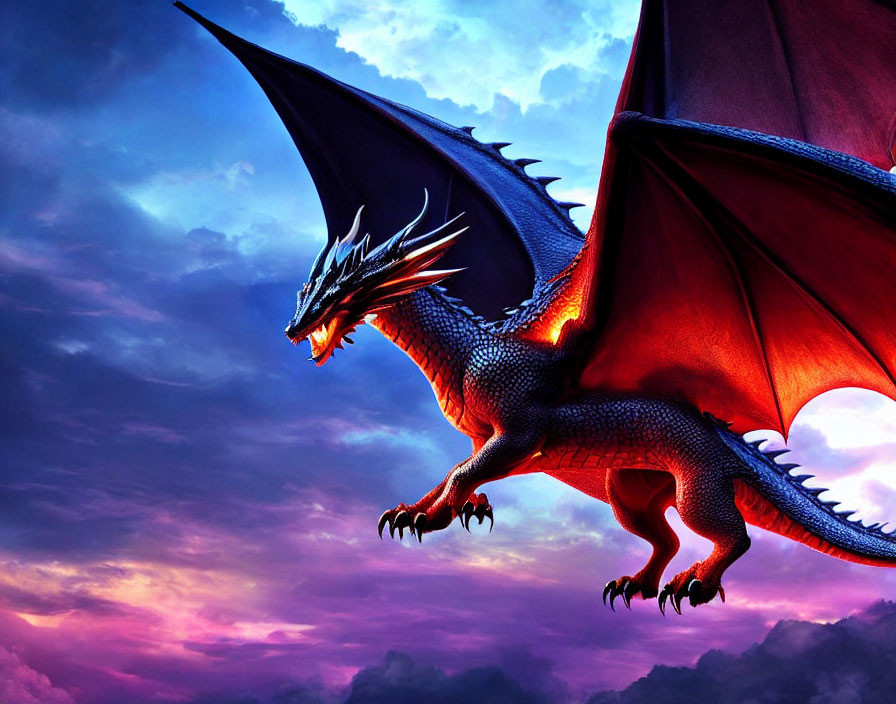 Blue dragon with outstretched wings in dramatic purple sunset.