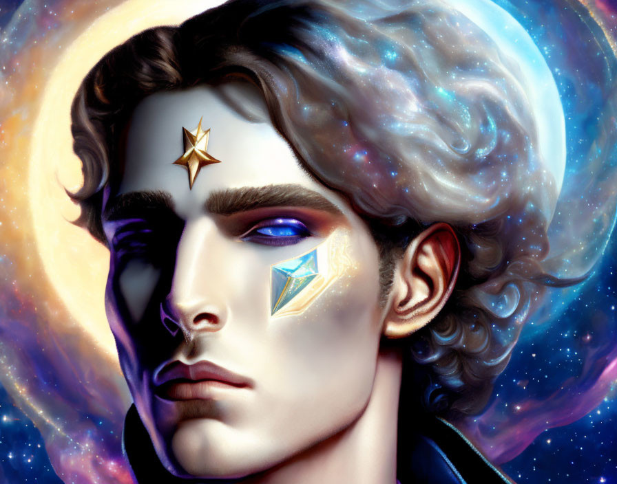 Illustrated portrait of man with cosmic makeup and star/diamond on cheek against galaxy backdrop