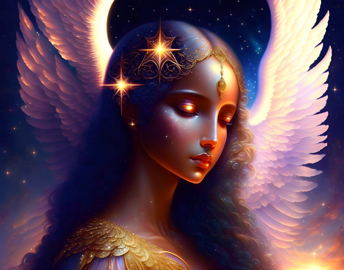 Majestic celestial being with radiant wings and golden armor