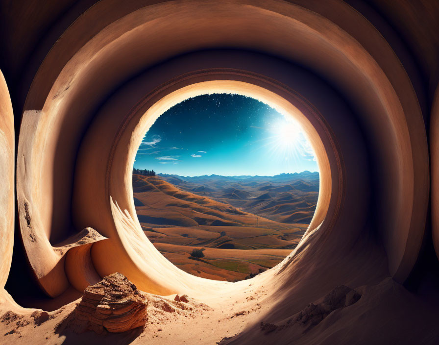 Surreal cylindrical tunnel opening to starlit hilly terrain