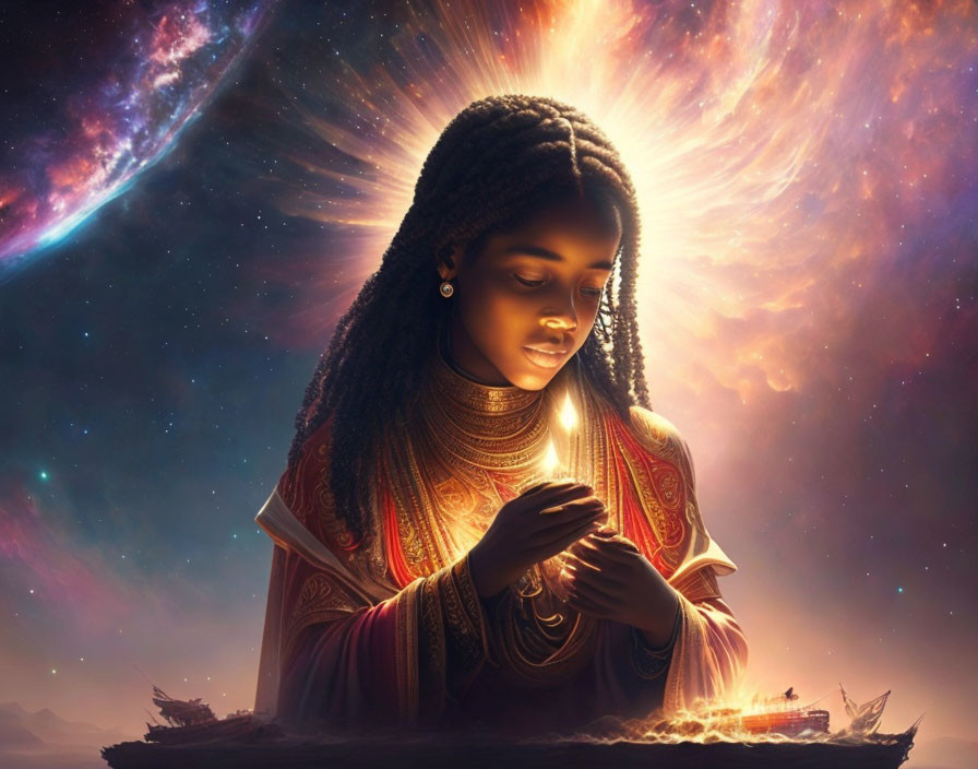 Young woman meditates in cosmic setting with ethereal ships