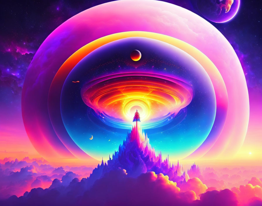 Digital art: Figure on mountain reaching celestial vortex