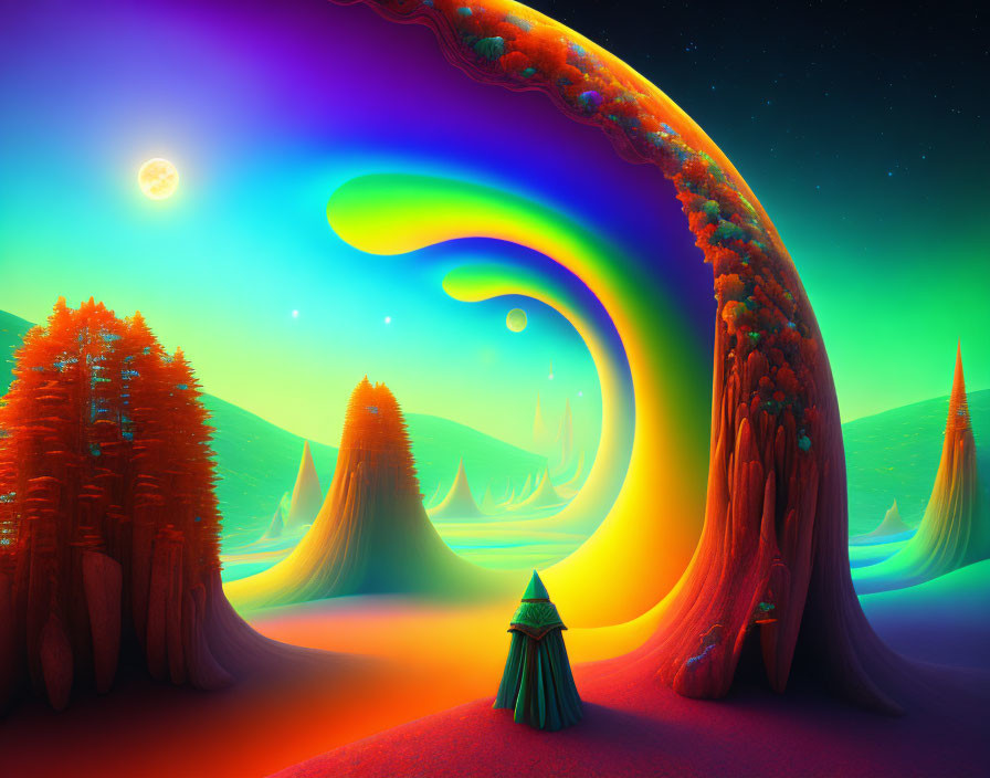 Vibrant Fantasy Landscape with Alien Vegetation and Dual-Moon Sky