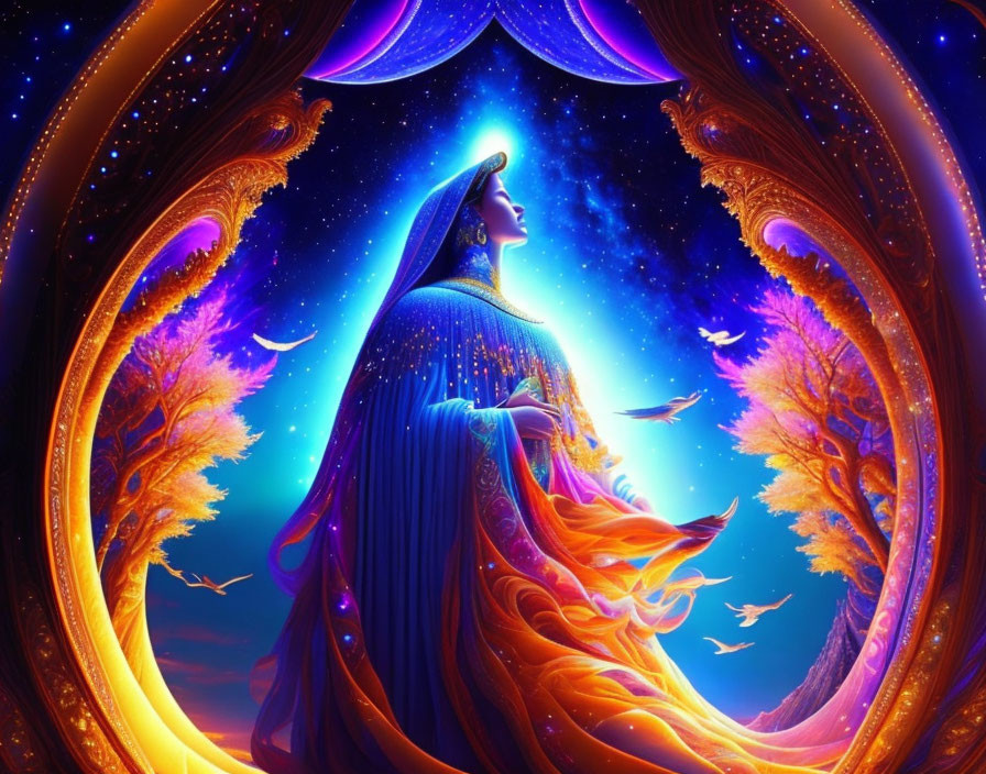 Digital artwork: Cloaked figure in golden forest under starry sky