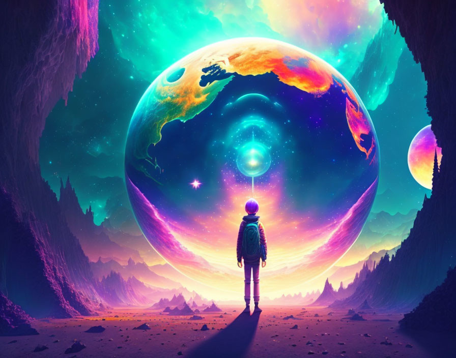 Silhouette person gazes at giant colorful planet in vibrant alien landscape