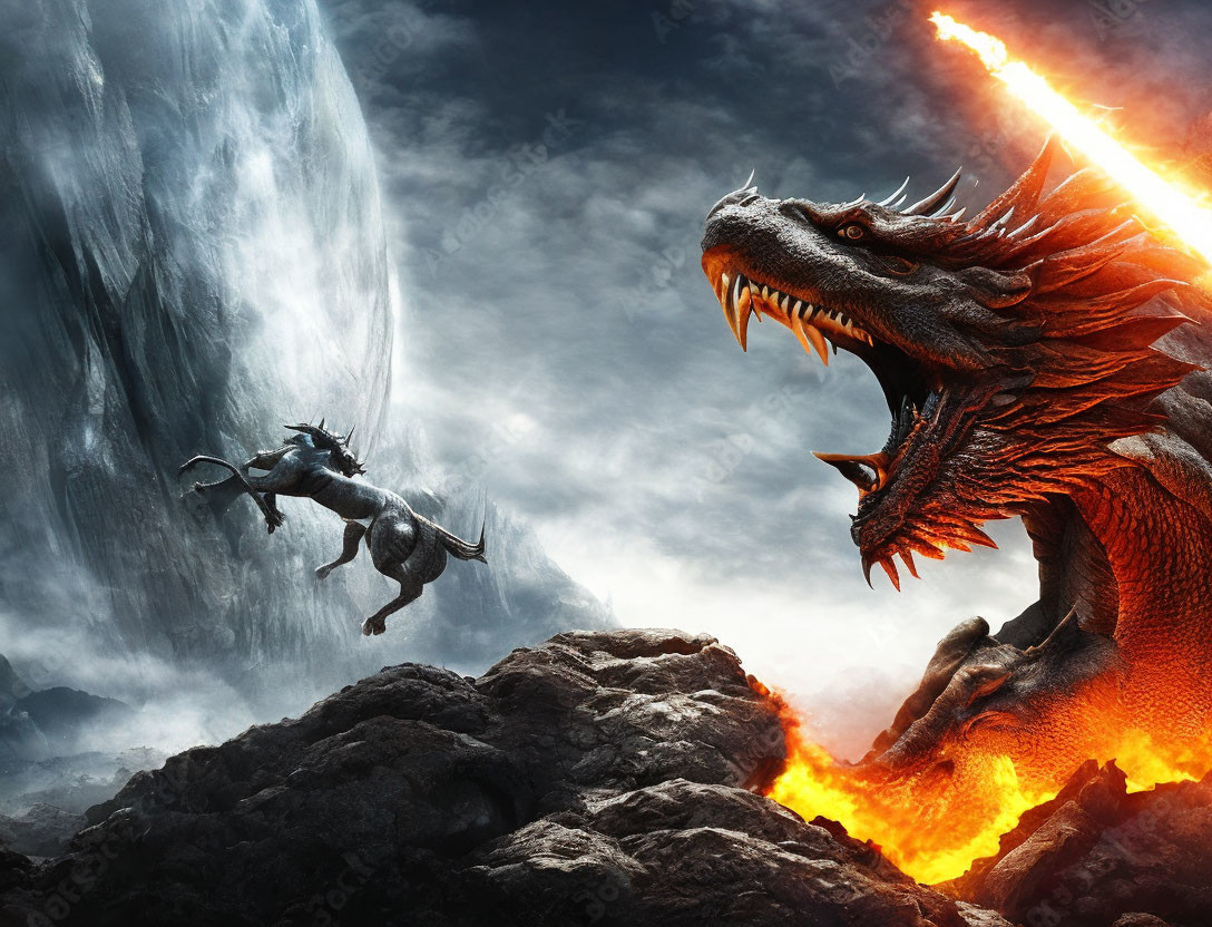 Knight on horseback confronts fiery dragon near waterfall in dramatic landscape