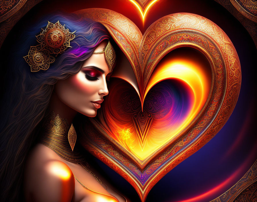 Digital Art: Woman with Elaborate Makeup and Jewelry Blending into Vibrant Heart-Shaped Background