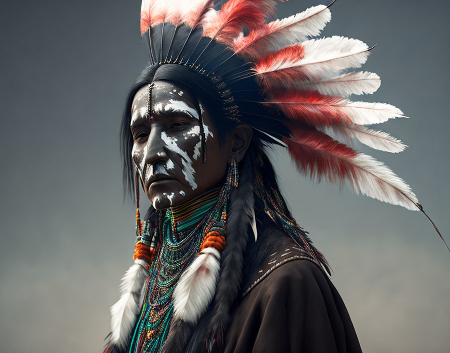 Native American headdress with feathers, face paint, and beadwork under moody sky