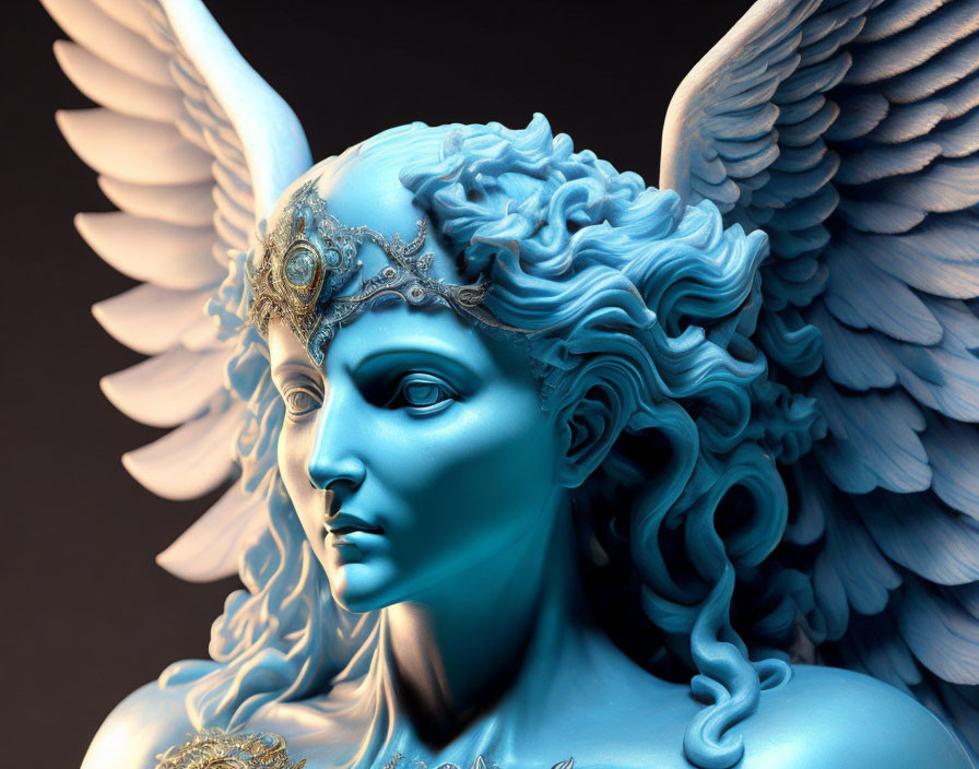 Blue Fantasy Winged Female Figure Sculpture with Elaborate Hair and Headpiece