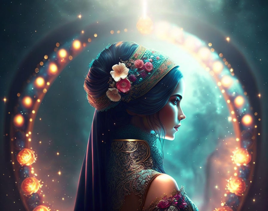 Profile of woman with ornate headpiece and flowers, surrounded by orbs and cosmic backdrop