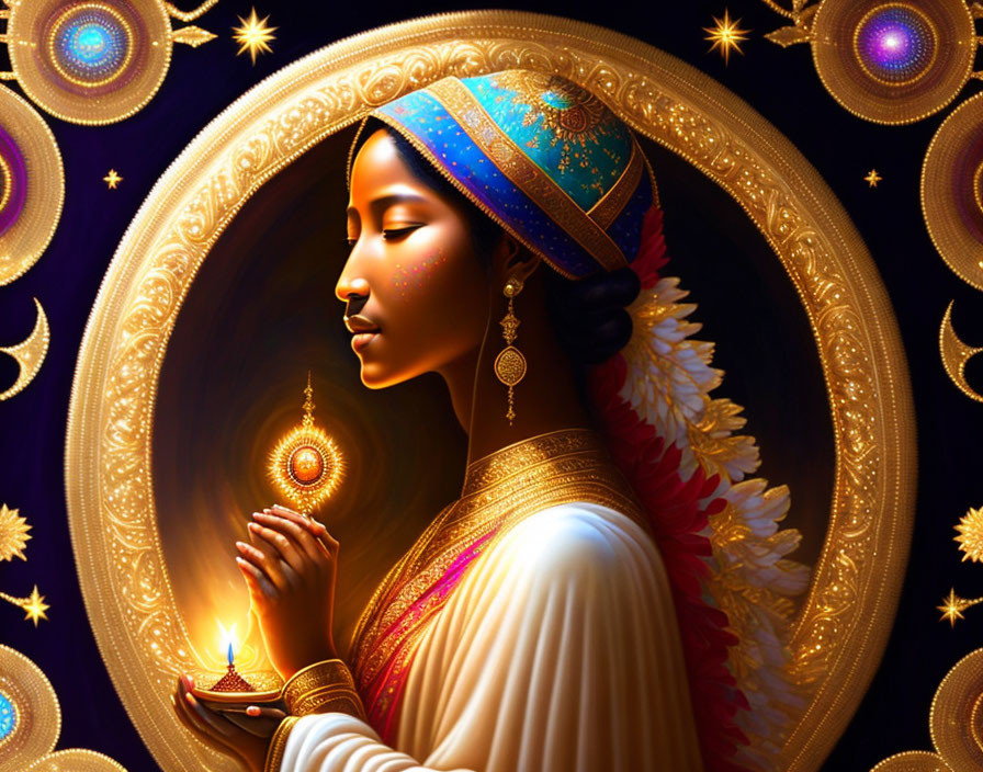 Woman with headscarf holding lit lamp in celestial setting