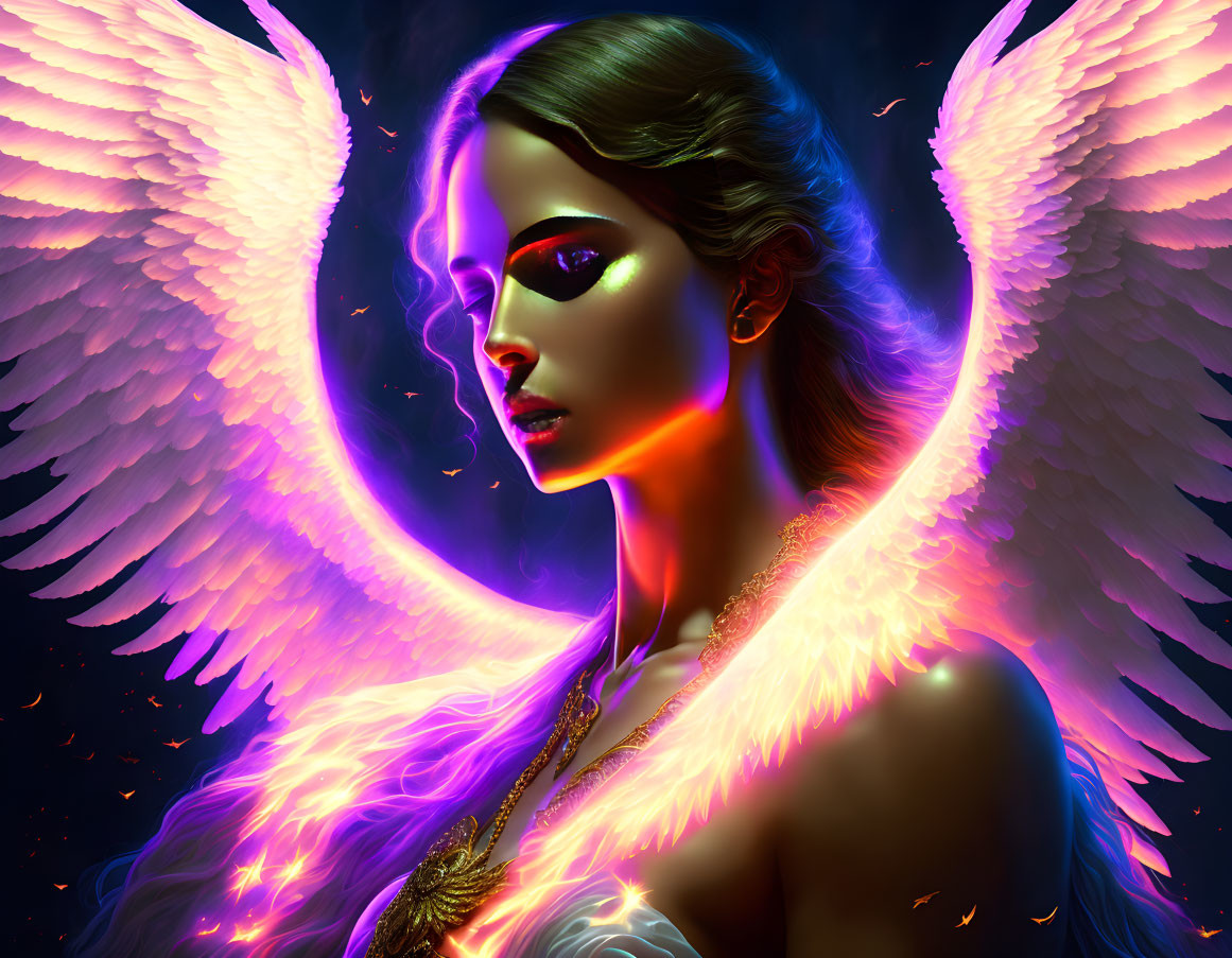 Digital artwork of woman with neon wings and aura in pink and blue