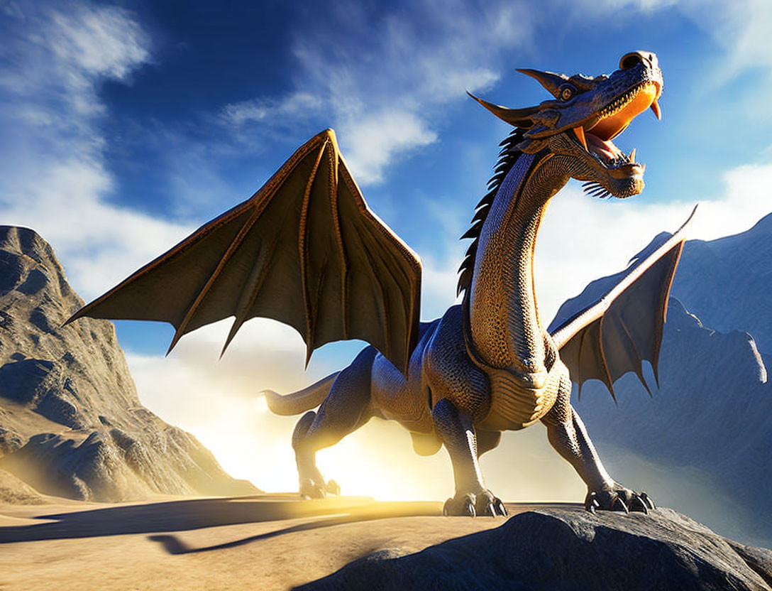 Majestic orange and blue dragon with expansive wings on rocky terrain under a bright sky