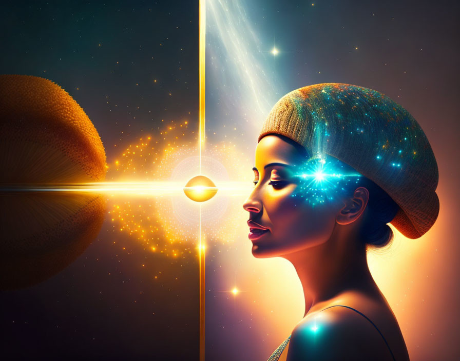 Digital artwork: Woman's profile merges with cosmic elements, starry beanie, Saturn planet.