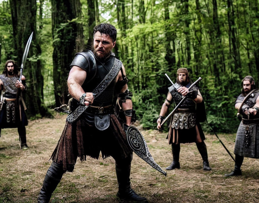 Viking warriors actors with swords and shield in forest