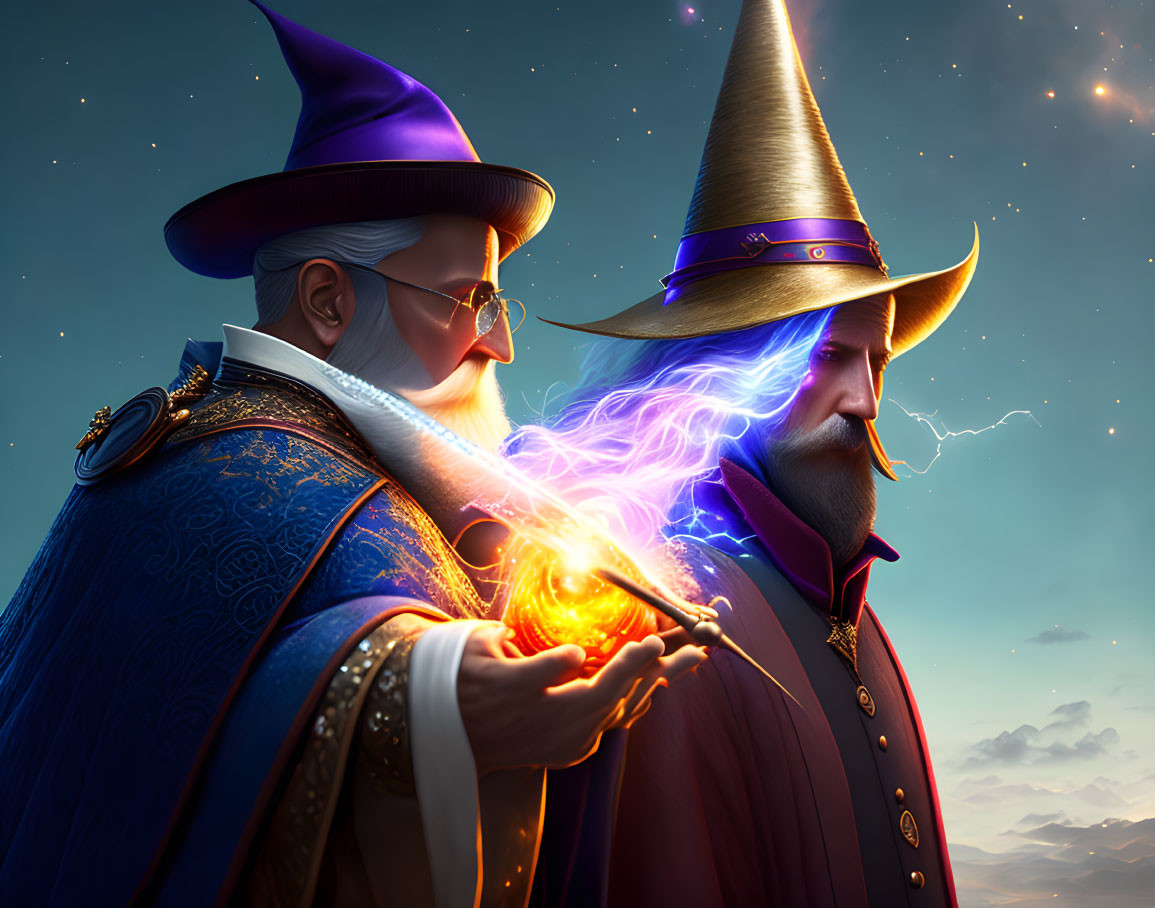 Fantasy wizards casting spell under starry sky