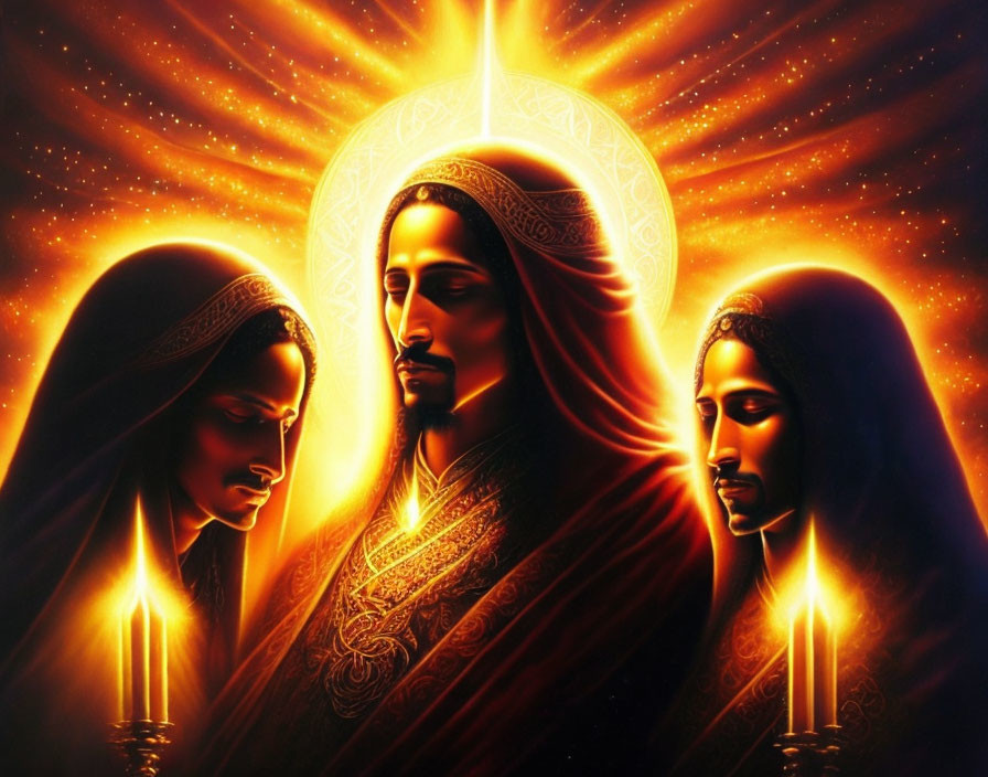 Three figures in robes with halos, holding candles in golden glow