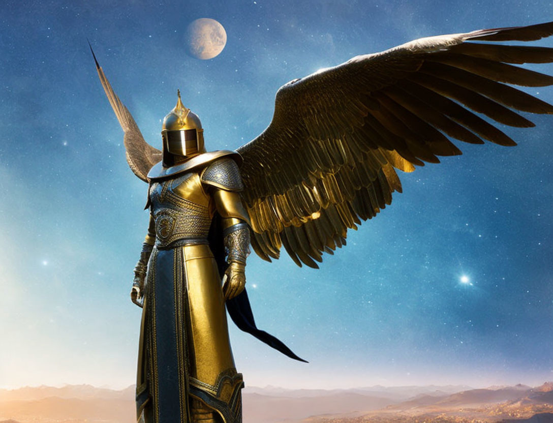 Armored figure with eagle wings under night sky and mountains