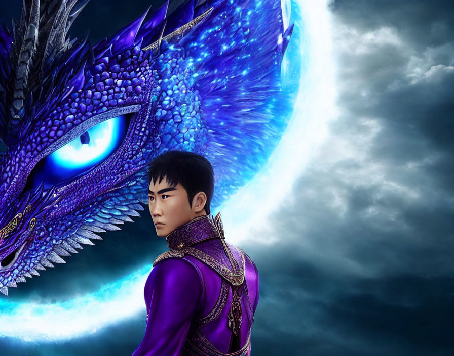 Young Man in Purple Armor with Blue Dragon Under Moonlit Sky