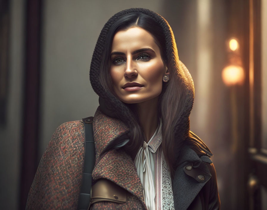 Confident woman in hooded coat on dimly lit street