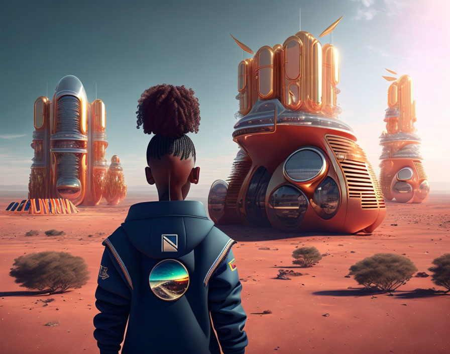 Person with Afro in futuristic suit gazes at artistic buildings in desert setting