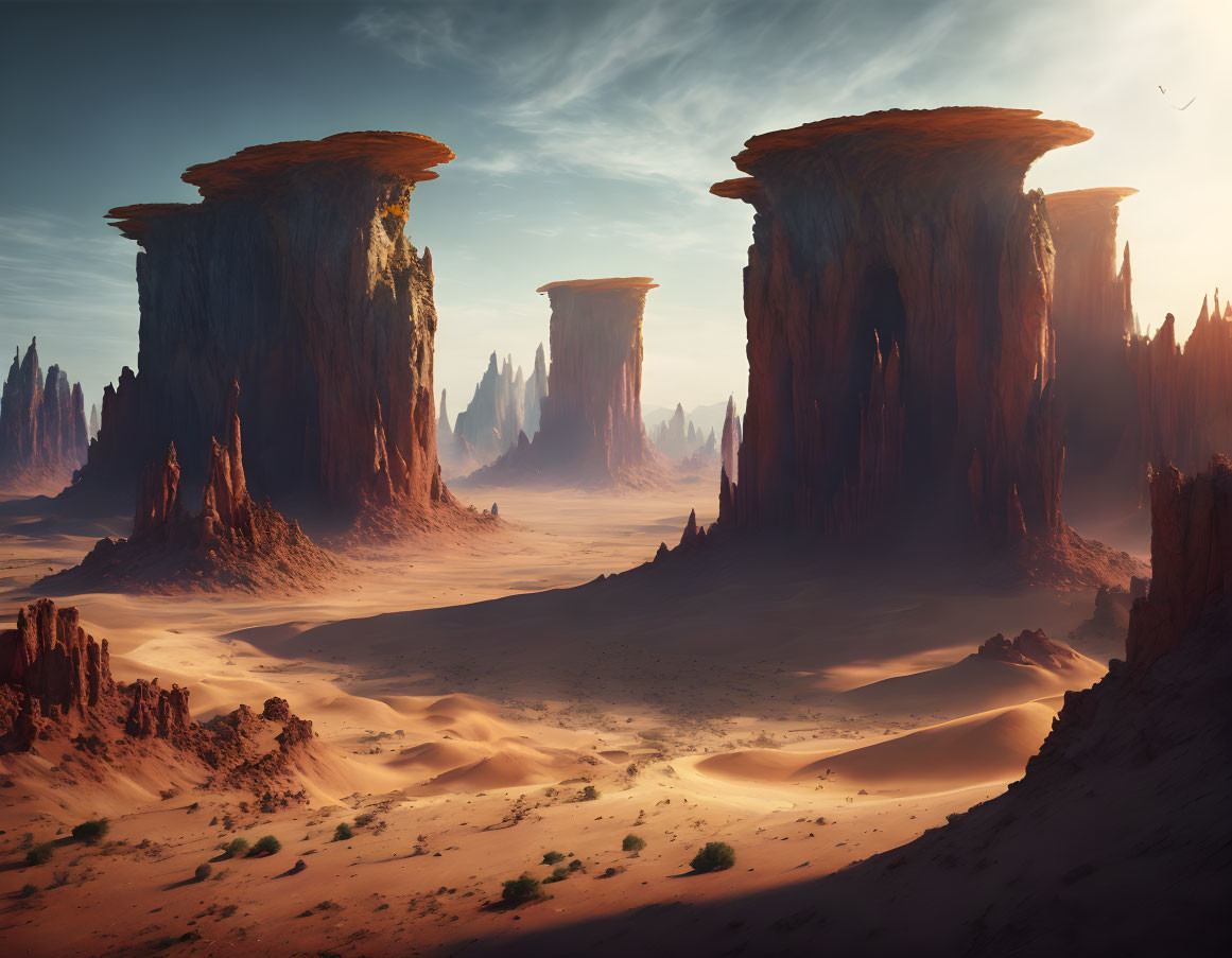 Majestic desert landscape with towering rock formations and vast sand dunes