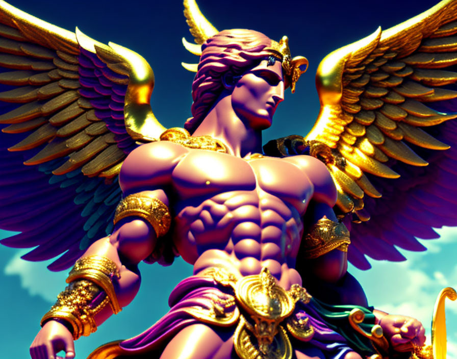 Golden male figure with angelic wings and warrior helmet in blue sky