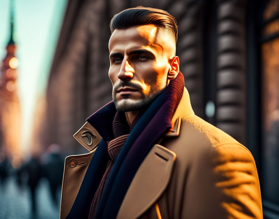 Bearded man in coat and scarf on city street at golden hour