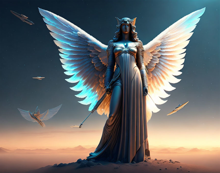 Majestic angelic figure with blue wings in desert landscape at dusk