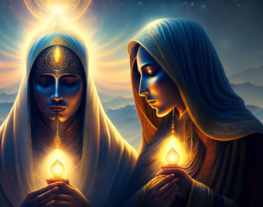 Digital artwork: Serene figures in blue robes with candles under starry sky