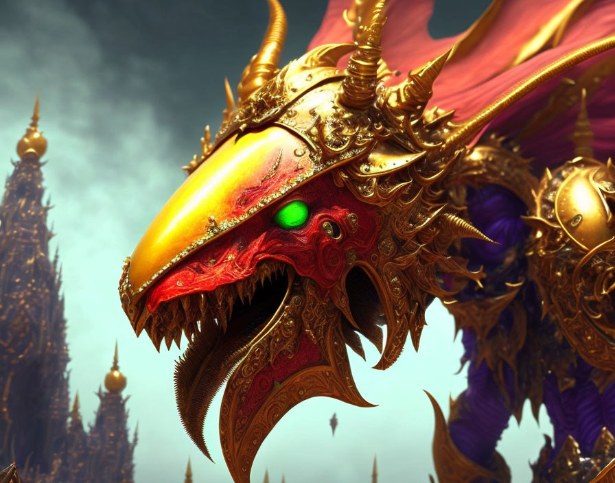 Detailed digital artwork: Golden dragon with red eyes, ornate armor, intricate patterns, ancient temple backdrop