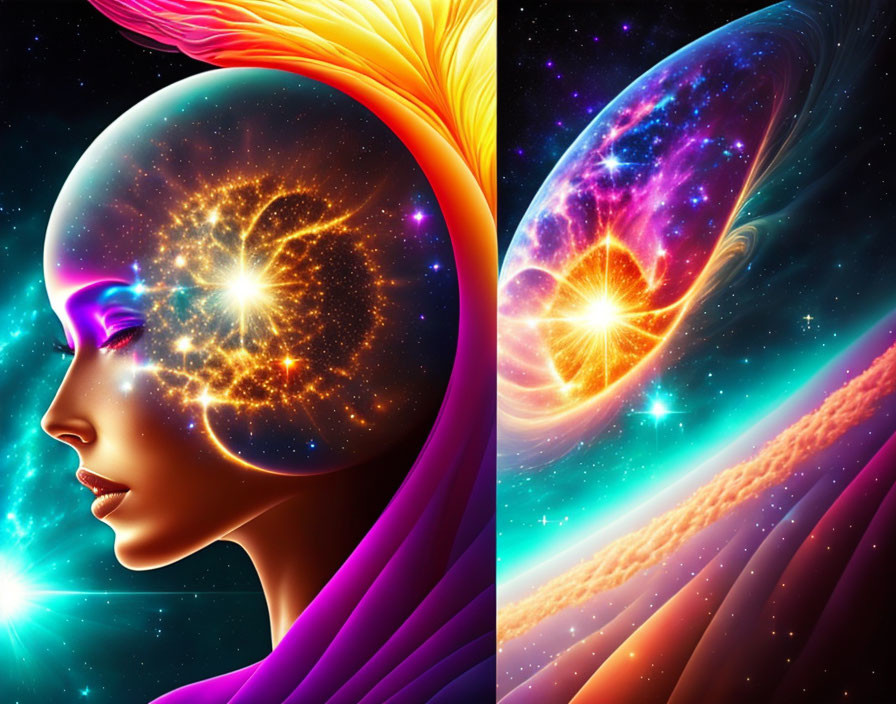 Profile of woman's face blended with cosmic elements in vibrant colors, stars, and nebulae symbol