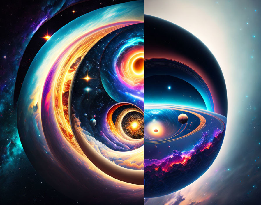 Surreal digital artwork of swirling cosmic scenarios