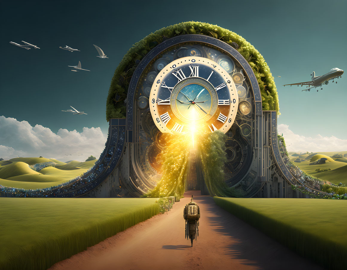 Person walking towards ornate glowing clock in serene landscape with birds and airplane.