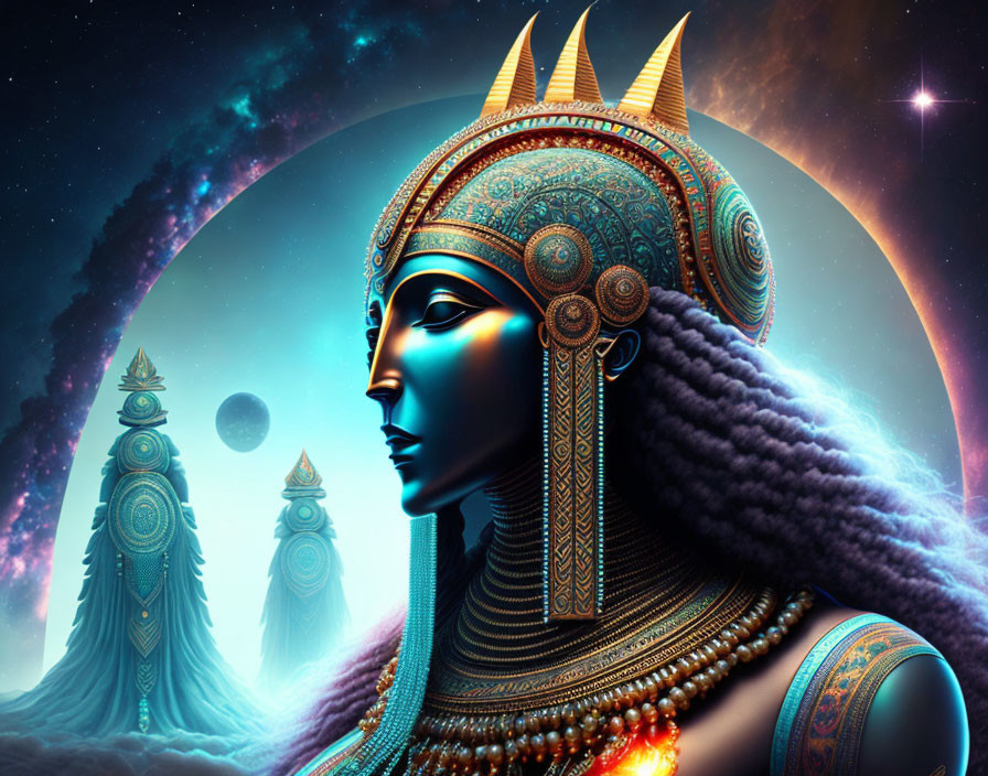 Stylized digital artwork of Egyptian queen with cosmic background