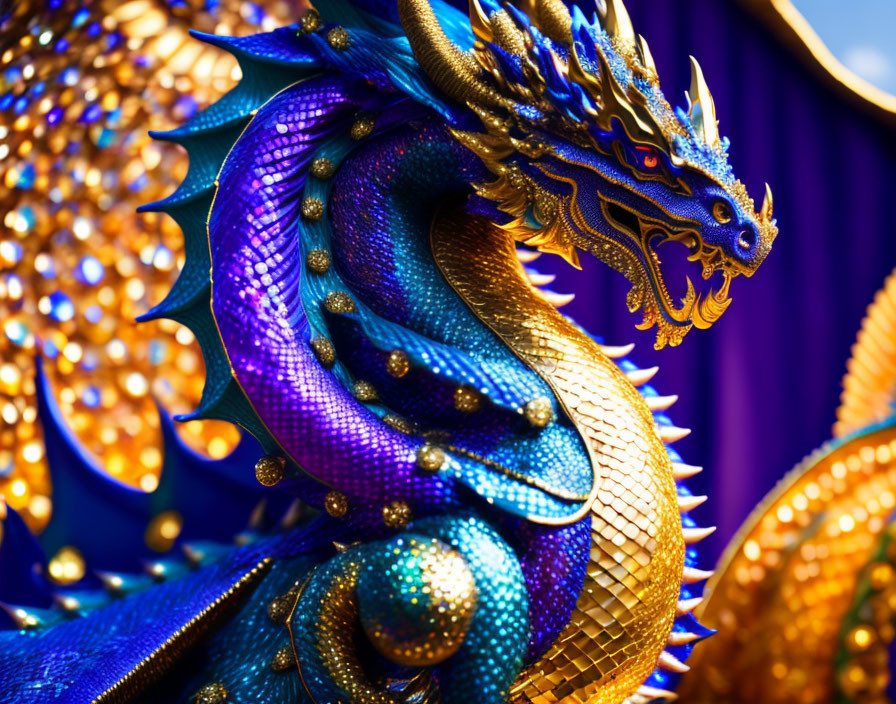 Intricate Blue and Gold Dragon Sculpture on Purple Background