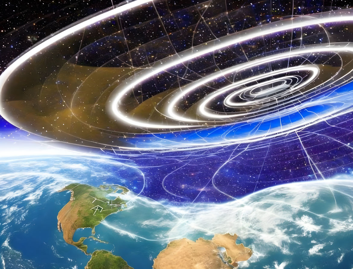 Digital concept art of Earth from space with golden lines symbolizing cosmic forces.