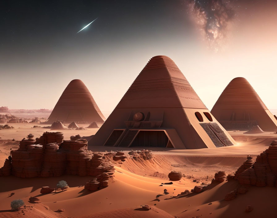 Futuristic pyramidal structures in desert landscape at night